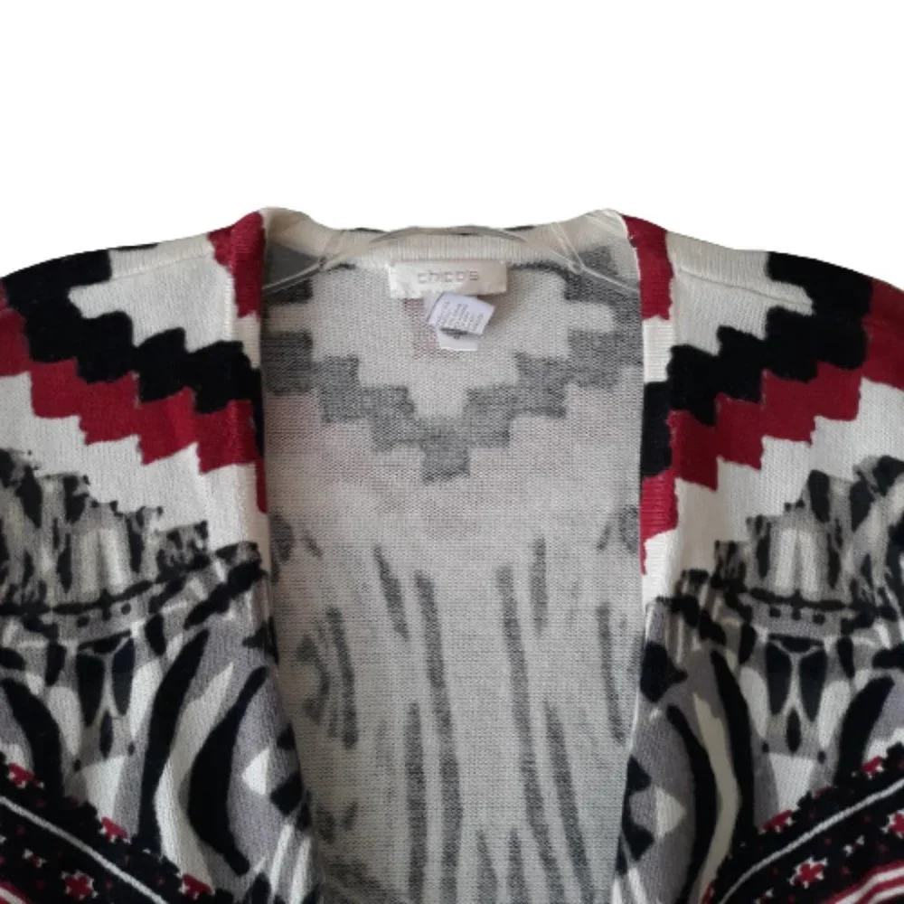 Chicos Sz 1 (MEDIUM) Tribal Chevron Lacey Open Front Cardigan Sweater Soft Knit - Picture 3 of 8